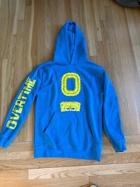 SpongeBob Squarepants Blue Hoodie with Yellow Graphic & 'OVERTIME' Sleeve